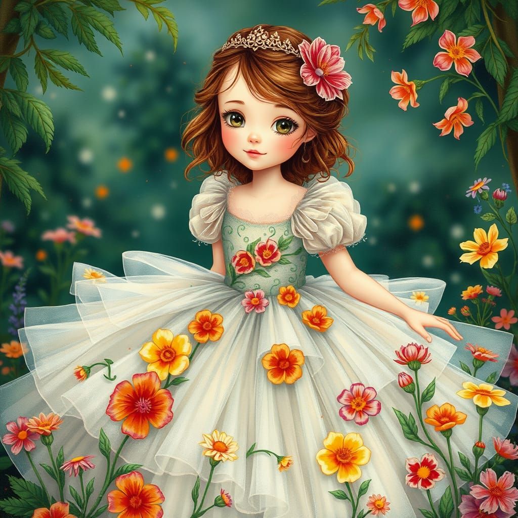 Whimsical Princess in a Delicate Floral Gown