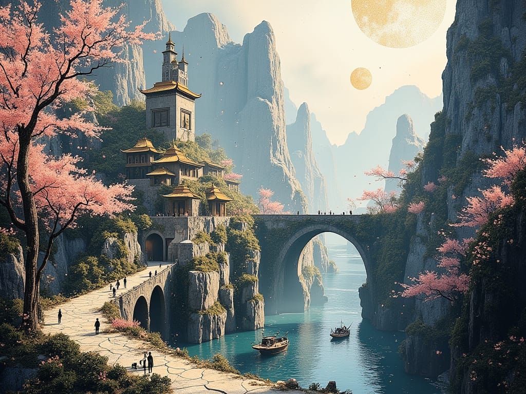 Fantastical Cityscape with Lush Greenery and Ancient Arches