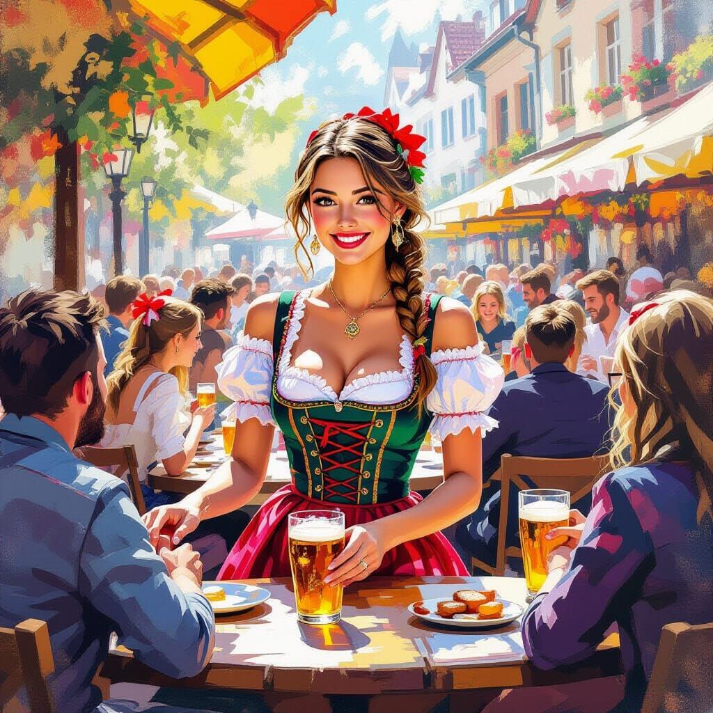 Oktoberfest Barmaid Serving Customer in German Restaurant