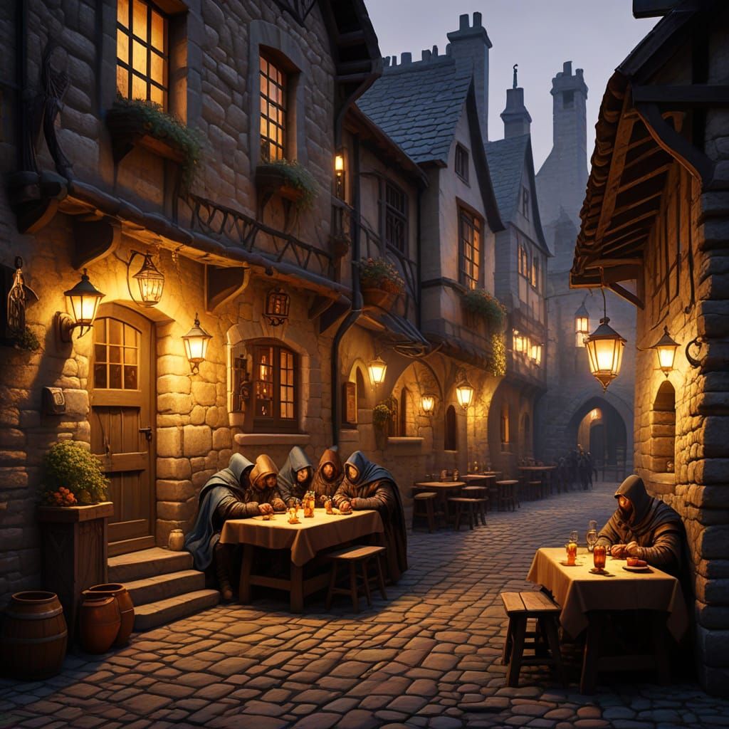 Medieval Tavern in Stone Alleyway with Lanterns