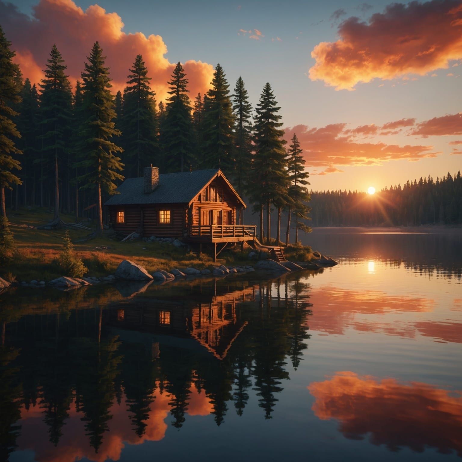 Sunset Over Lake With Cabin: Fantasy Concept Art