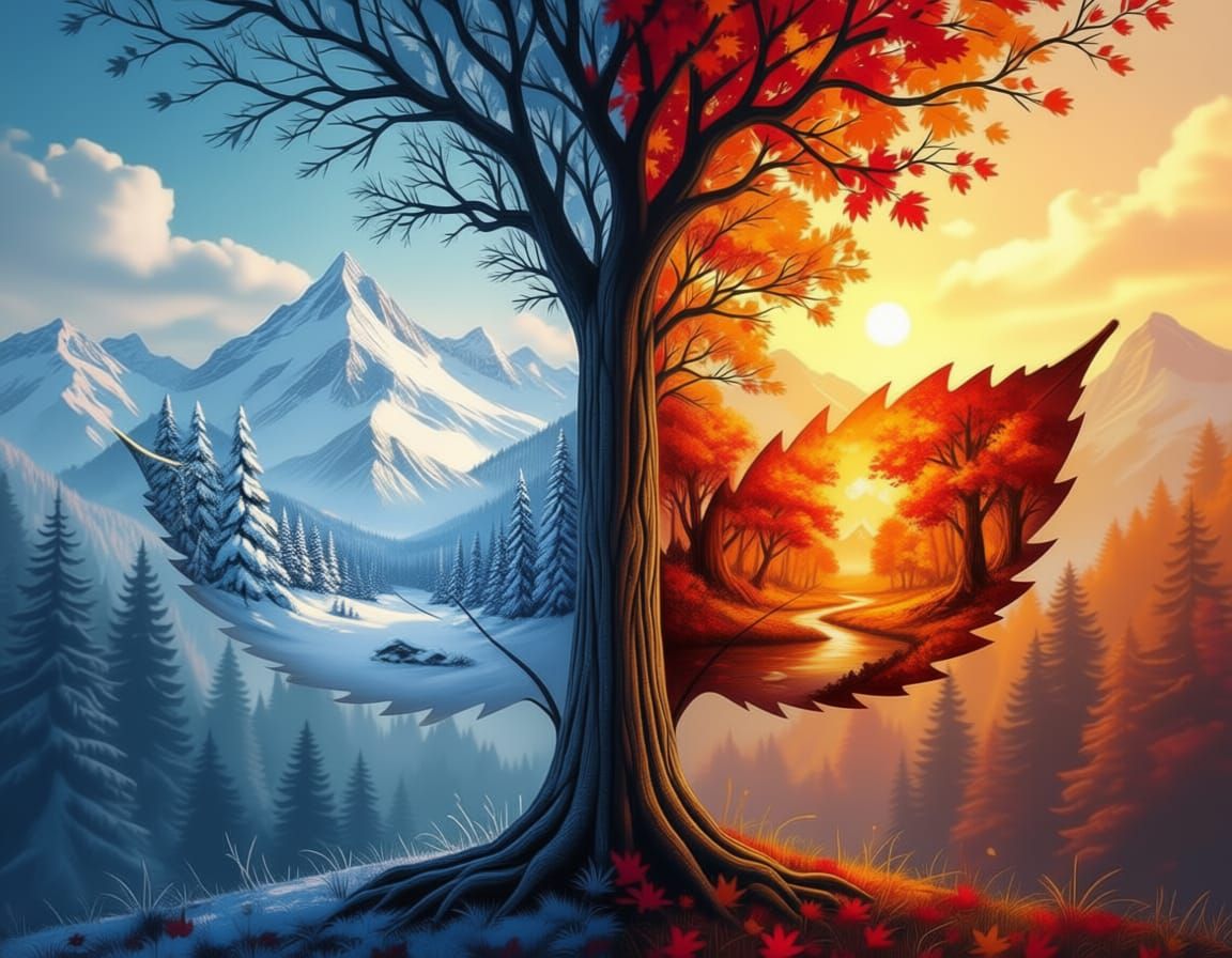 Tree with Winter and Autumn Leaves