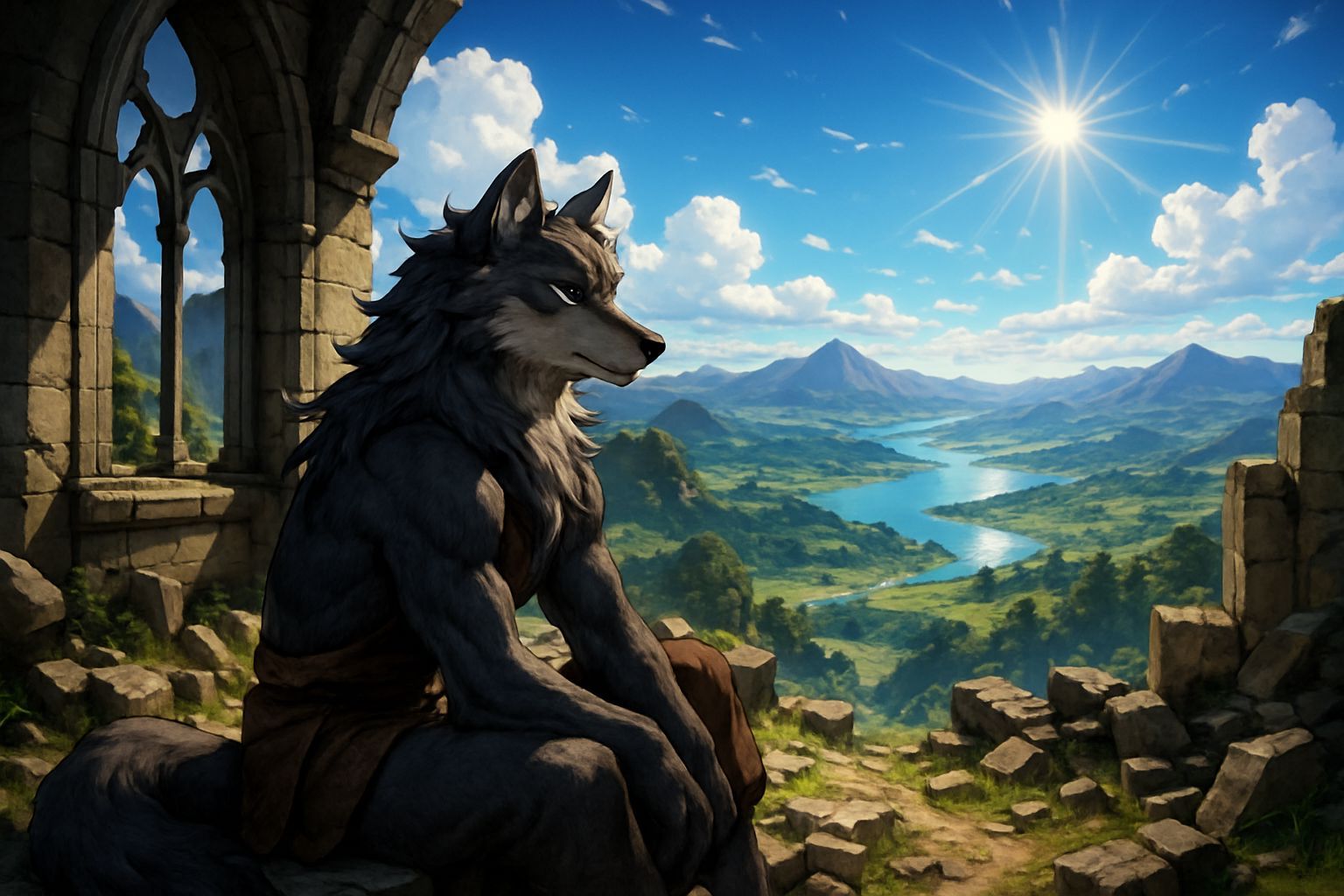 Anime Wolf Amid Church Ruins Overlooking Fantasy Landscape