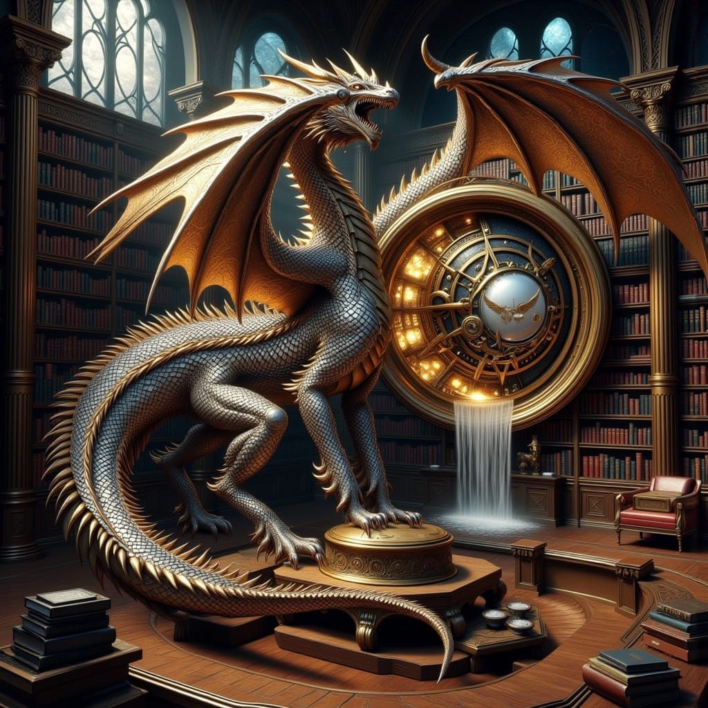 Clockwork Dragon Guardian in Neo-Baroque Library
