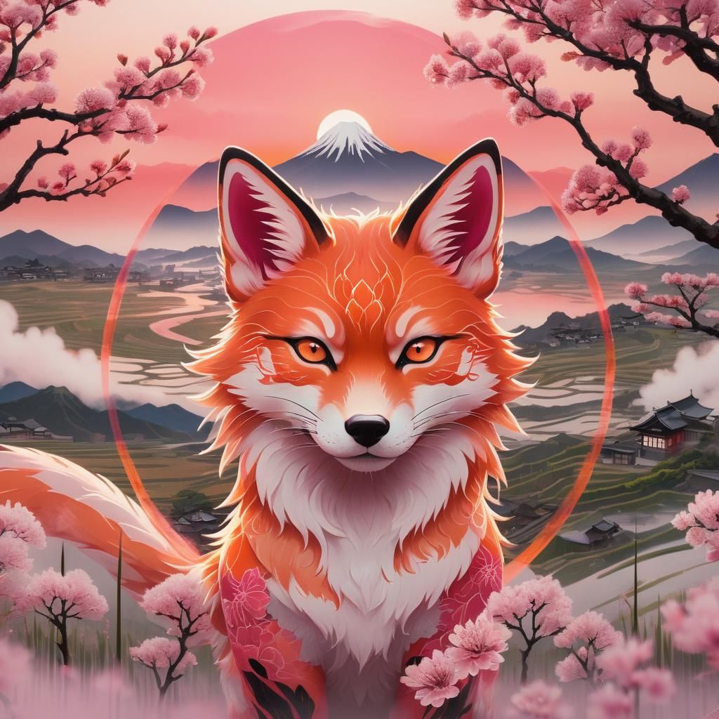 Kitsune Portrait with Rising Sun, Japanese Tattoo Art