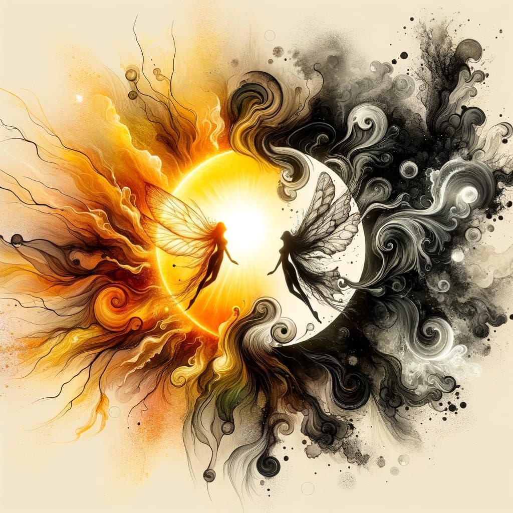 Golden Sun Surrealism: Whimsical Fairies in Cosmic Dance