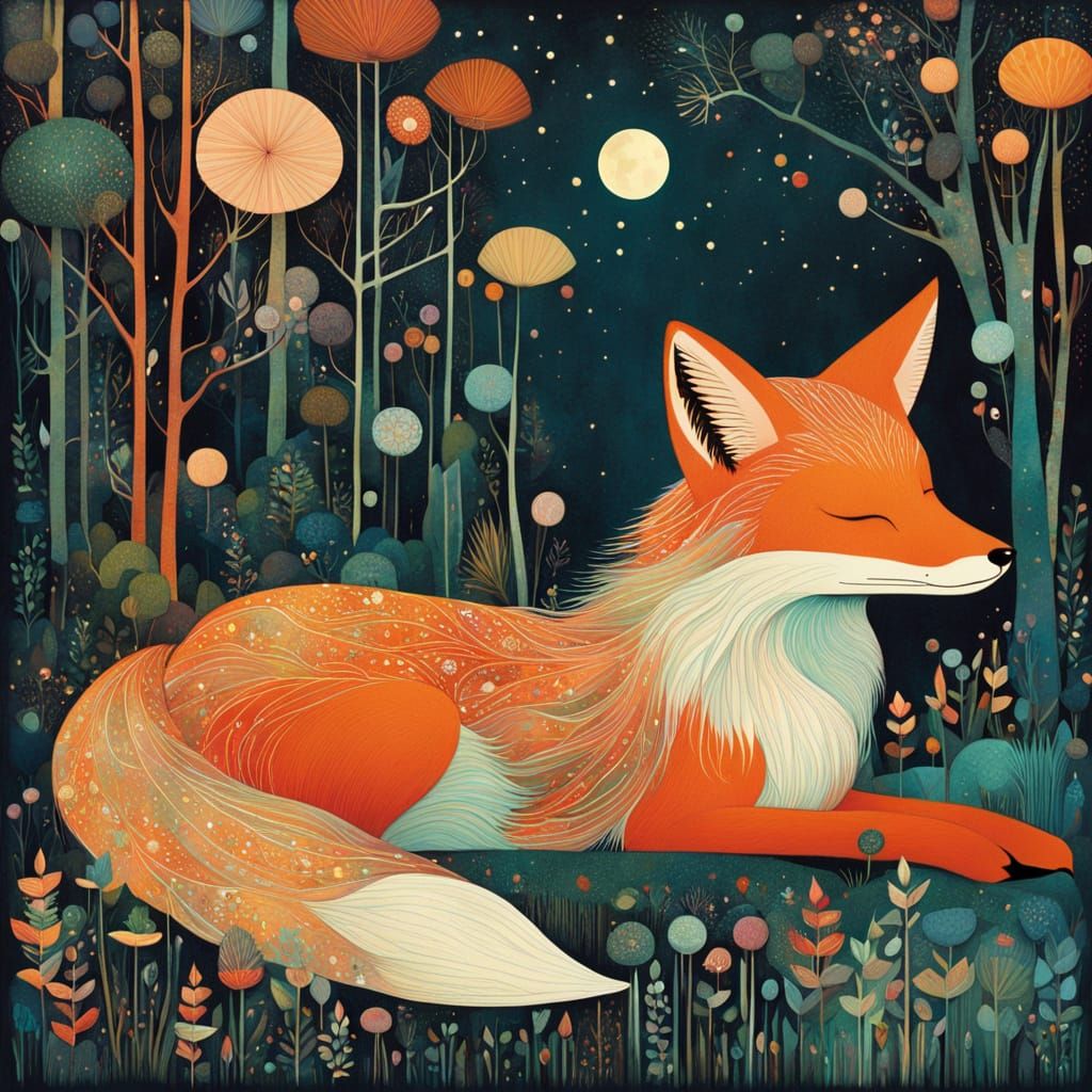 Dreaming Fox Resting in Pastel Colors