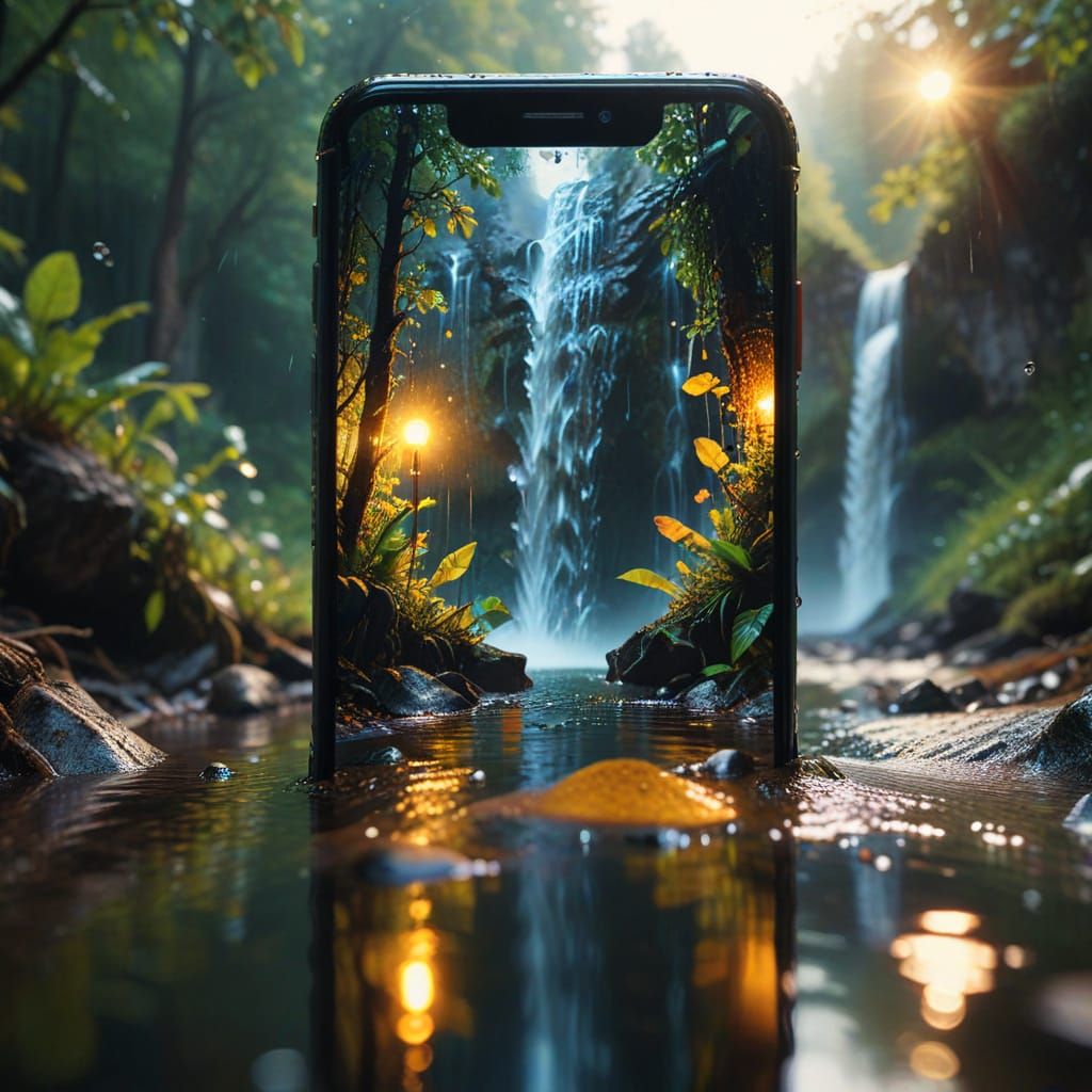 Macro Smartphone Selfie with Waterfall, Cinematic Digital Ar...