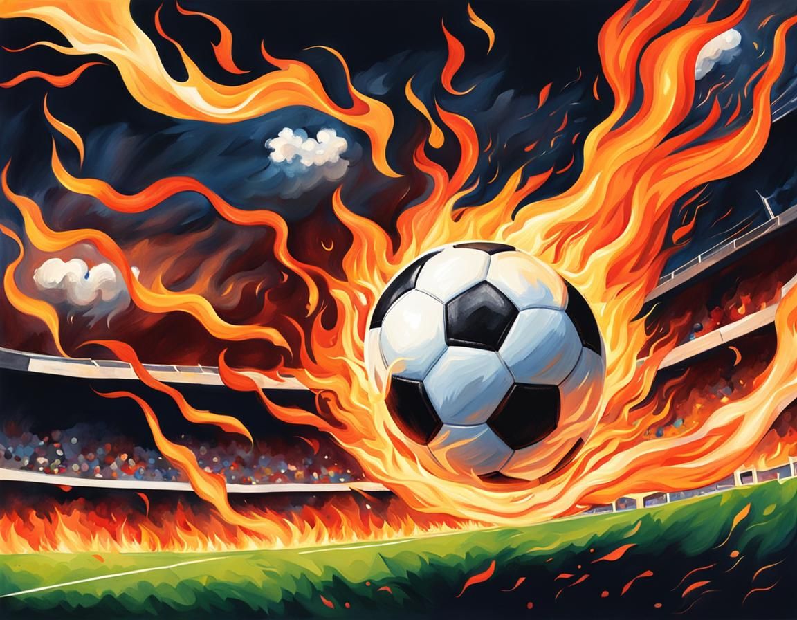Fiery Soccer Ball Gouache Painting