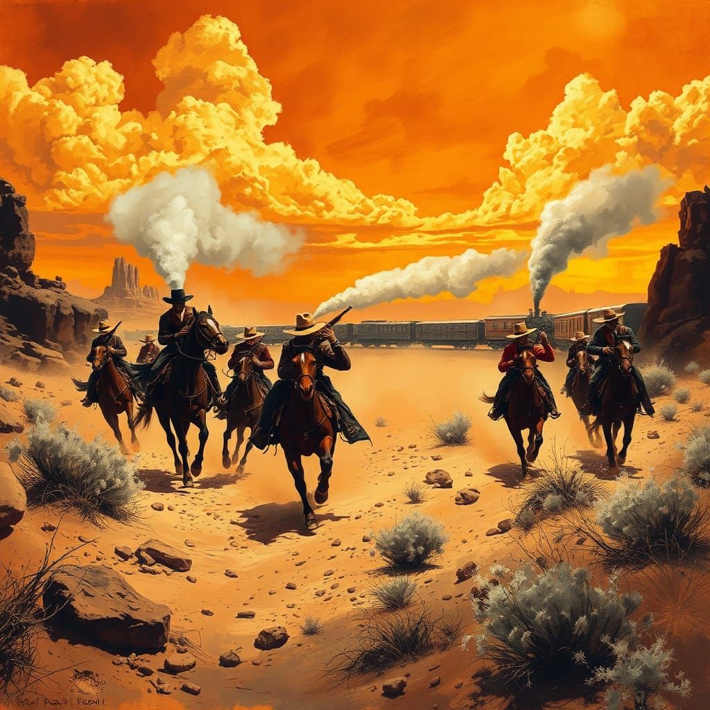 Cowboys Thwart Great Train Robbery in Western Illustration