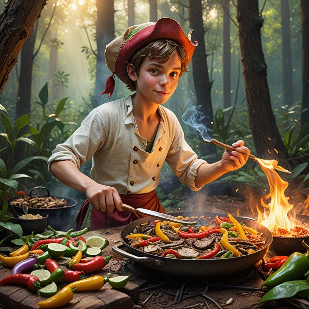 Peter Pan Cooks Fajitas: Whimsical Forest Art