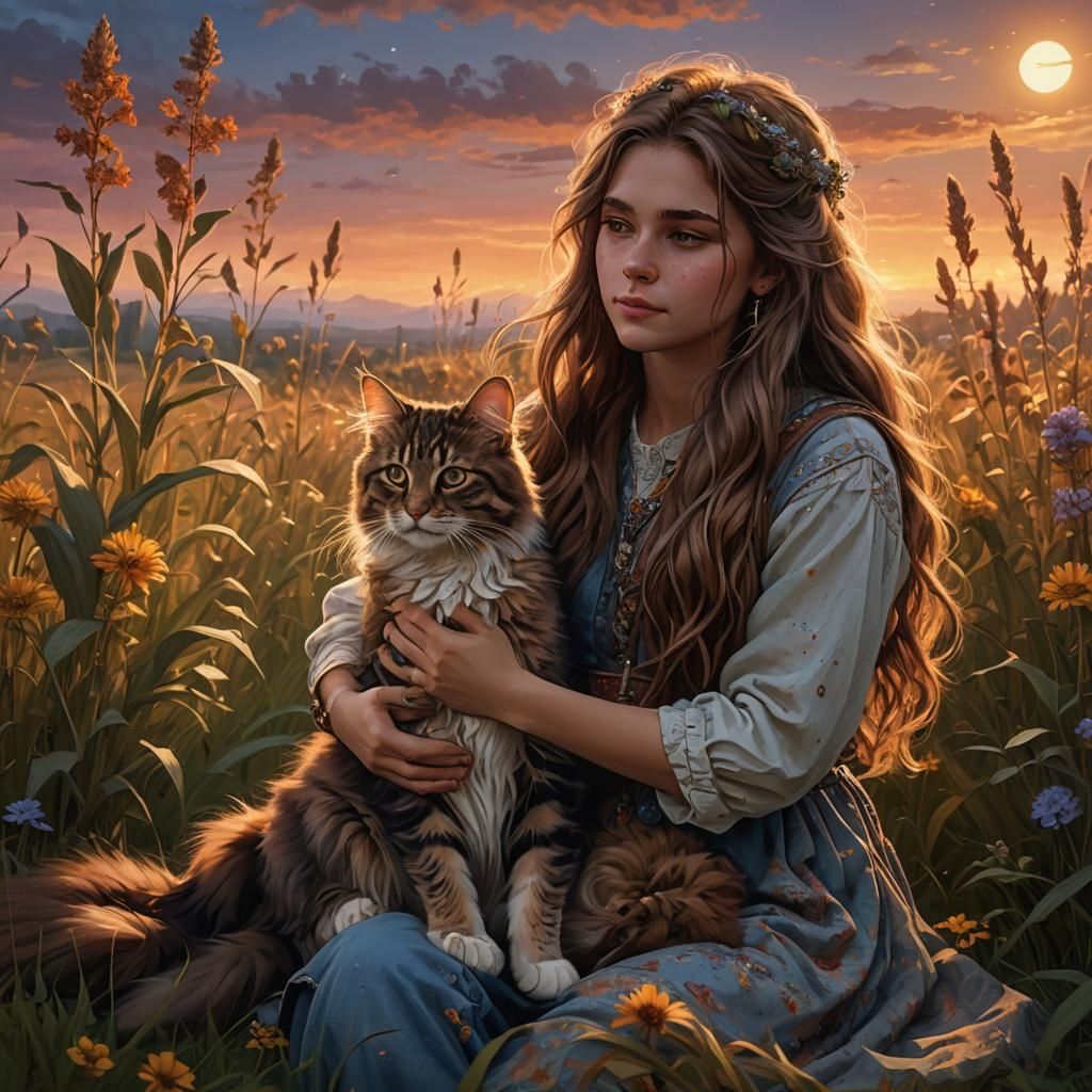 Girl and Kitten in Sunset Field: Fantasy Concept Art