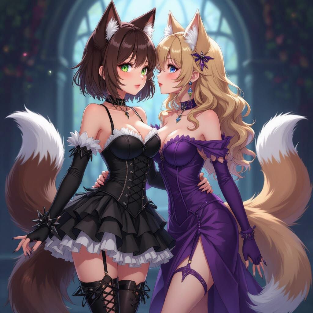 Anime Women Kissing in Gothic Dresses