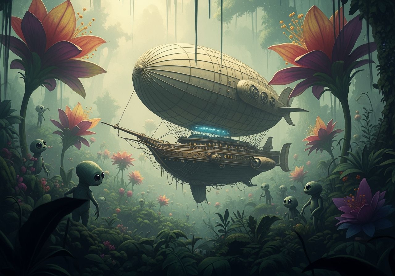 Victorian Airship in Alien Jungle - Vintage Adventure Style