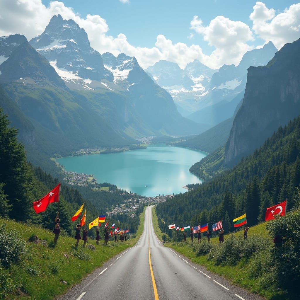 Mountain Landscape with Serene Swiss Lake and Global Unity