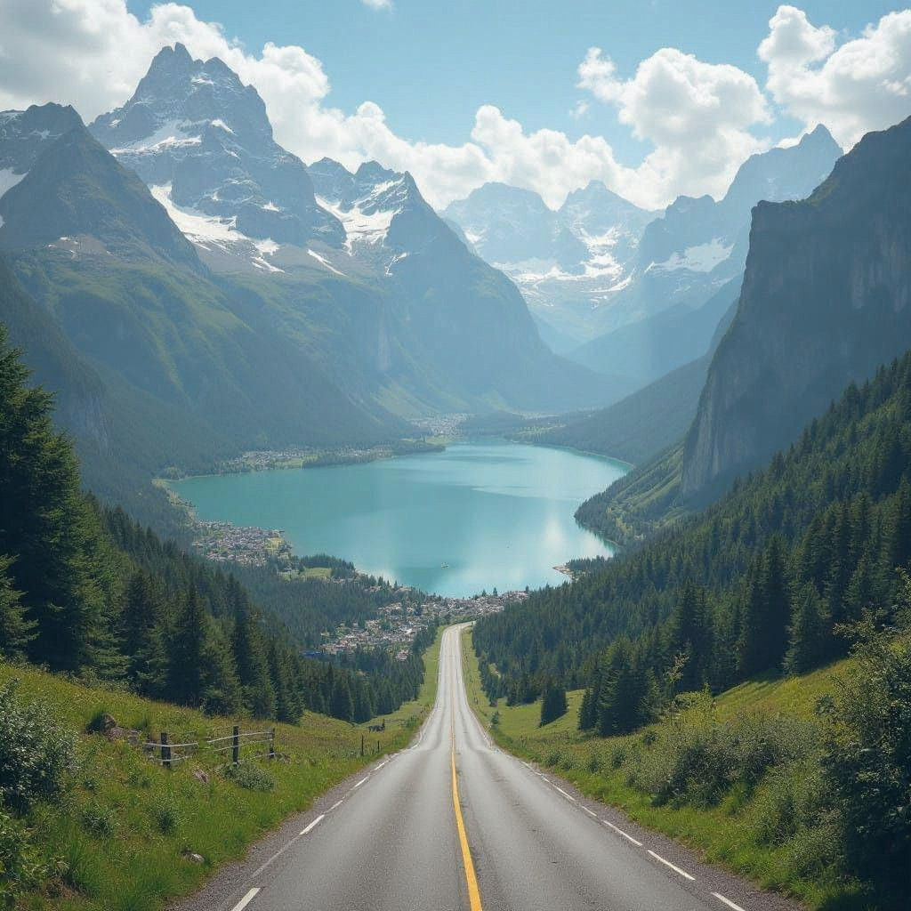 Stunning Mountain Road Amidst Swiss Lake and Majestic Mounta...