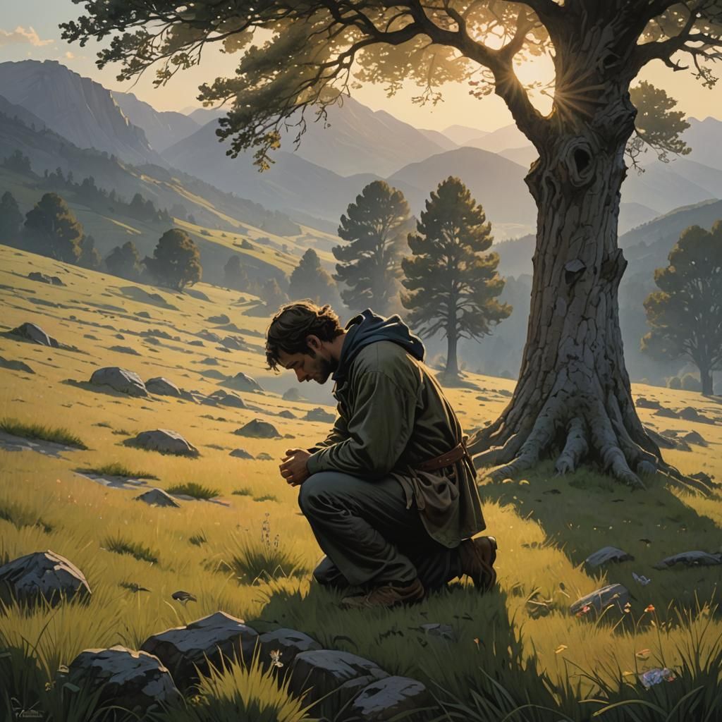Man Kneeling in Prayer Under a Tree