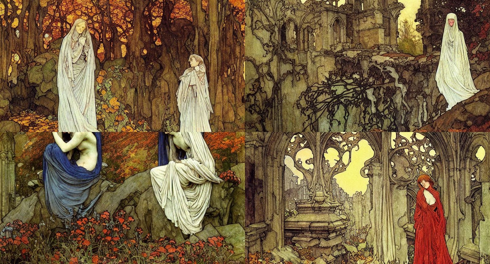 Ghostly Lady in Monastic Ruins: Art Nouveau Painting