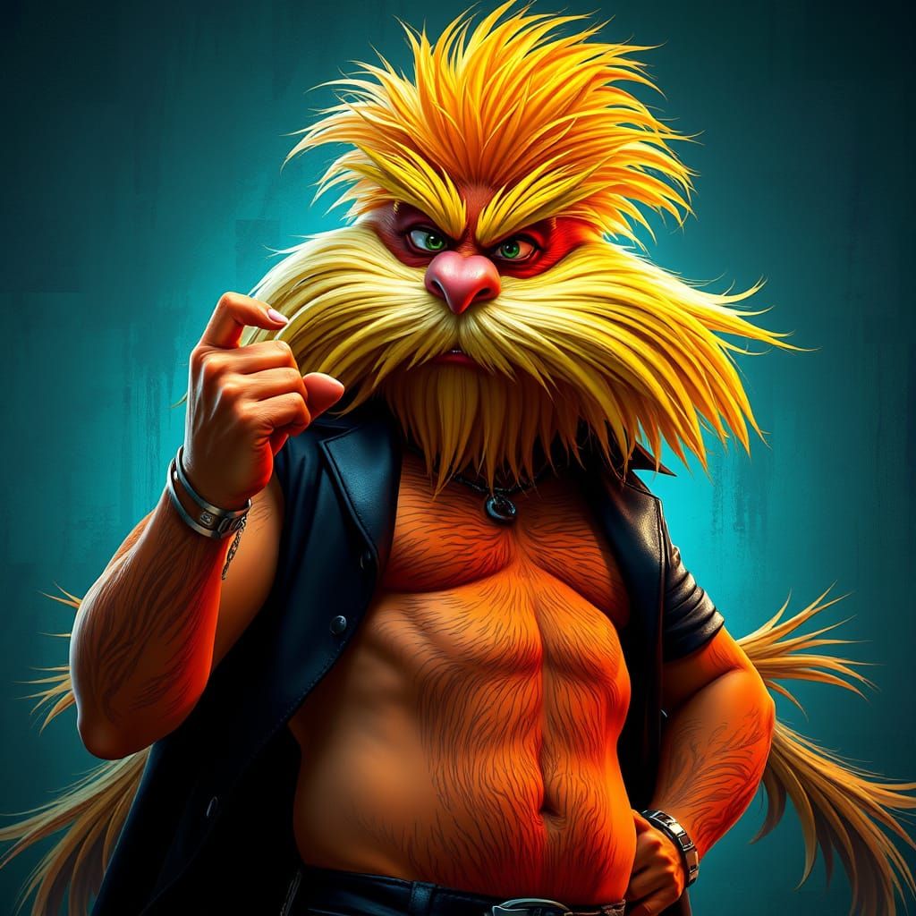 Cyberpunk Villain Lorax with Chiseled Abs and Bold Makeup