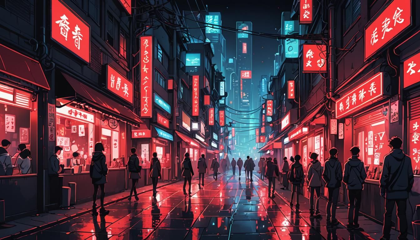 Neon Red Light District in Anime Style