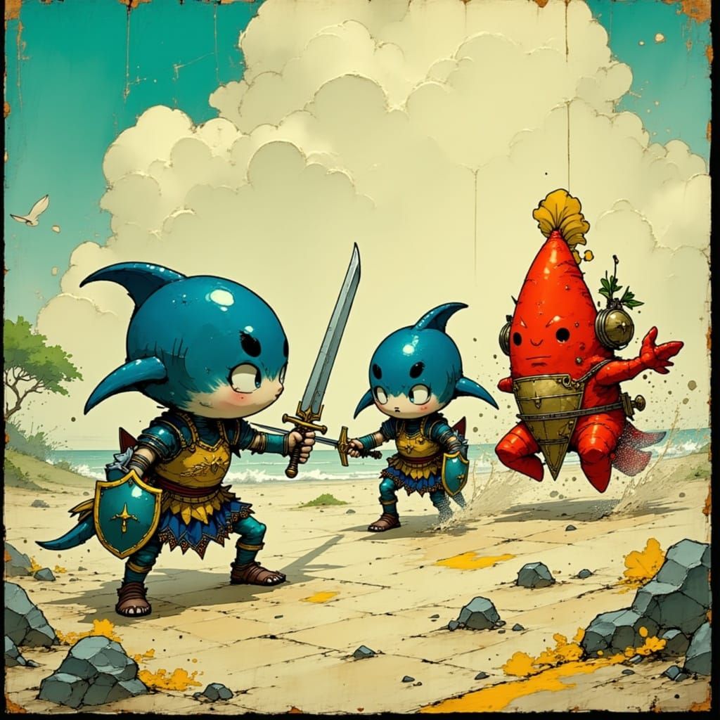 <lora:Akimora:1.0> An army of Tiny chibi baby sharks wearing...