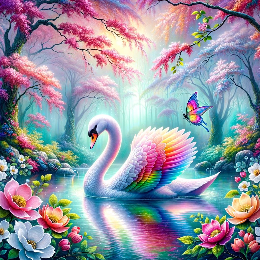 Swan in Mystical Forest Scene with Blooming Dogwood Blossoms...