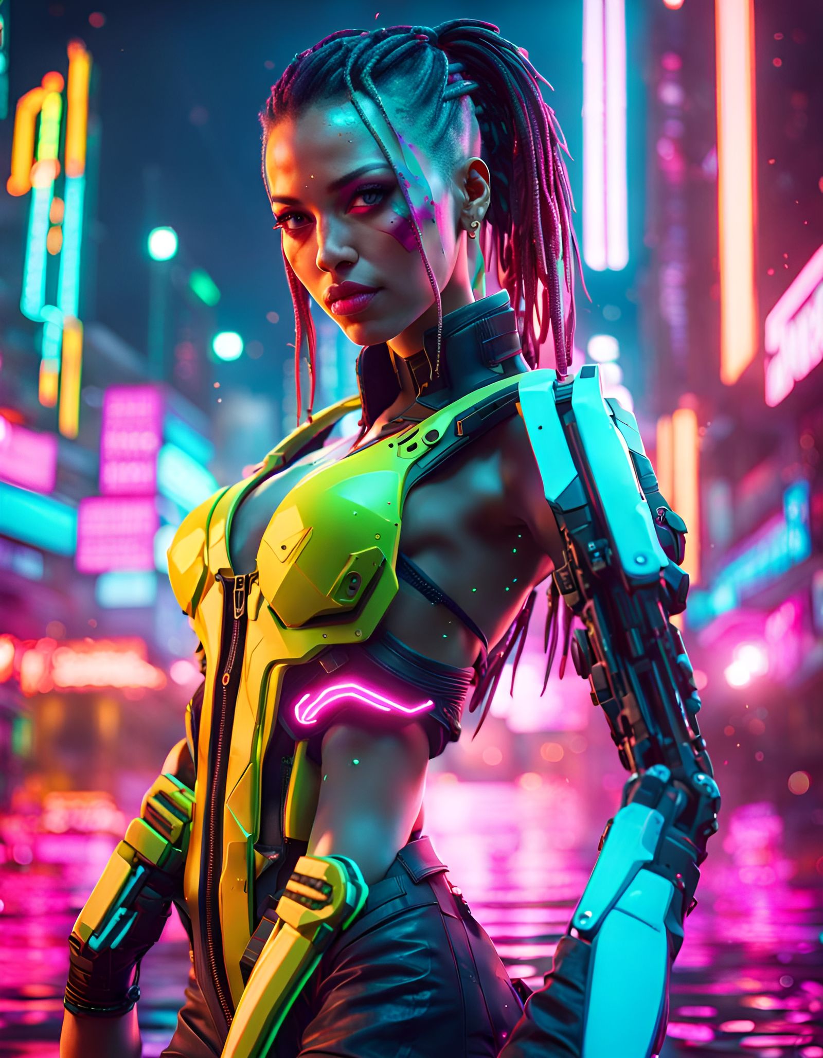 Cyberpunk Woman with Mantis Blades in Neon City