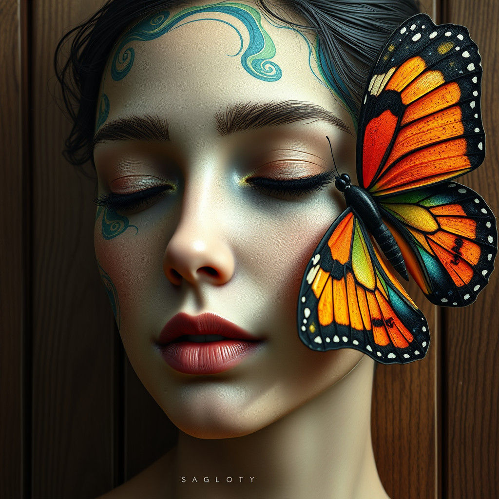 Woman's Portrait with Butterfly in Hyper-Realistic Style