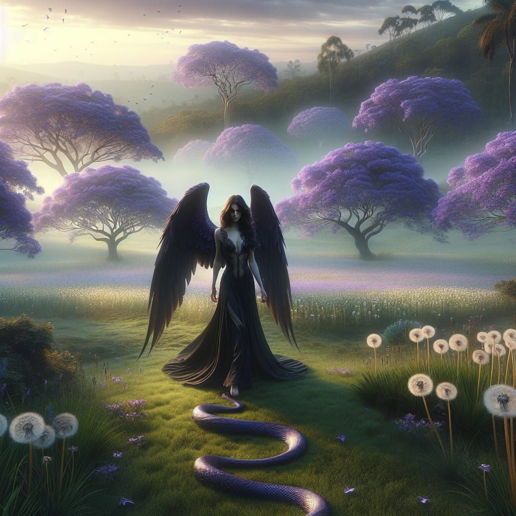 Angel in Eden Garden with Jacaranda Trees