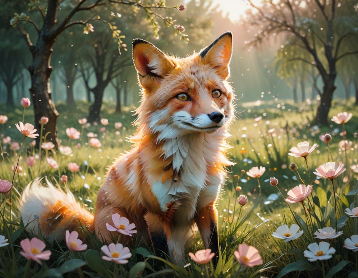 Fox in Blossom Orchard: Watercolor and Geometric Art