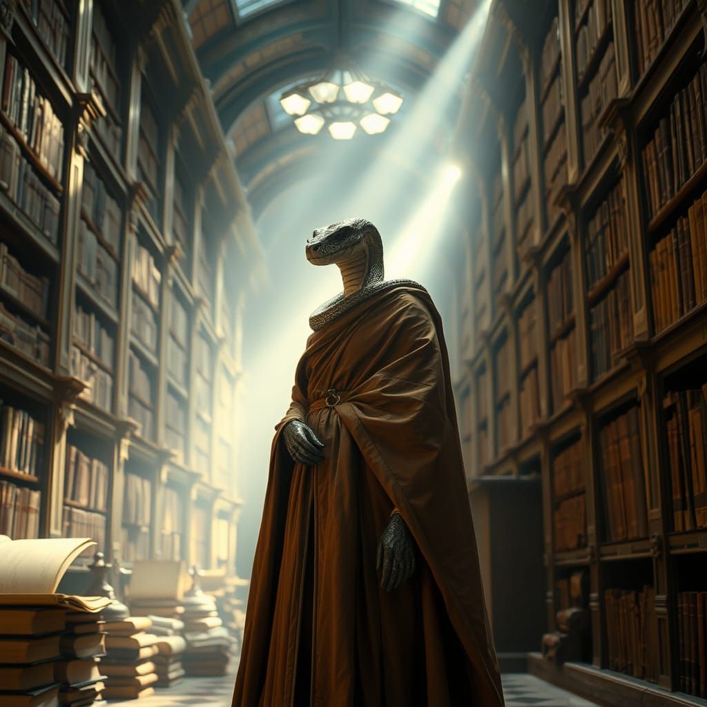 Anthropomorphic Snake Librarian in Ancient Library