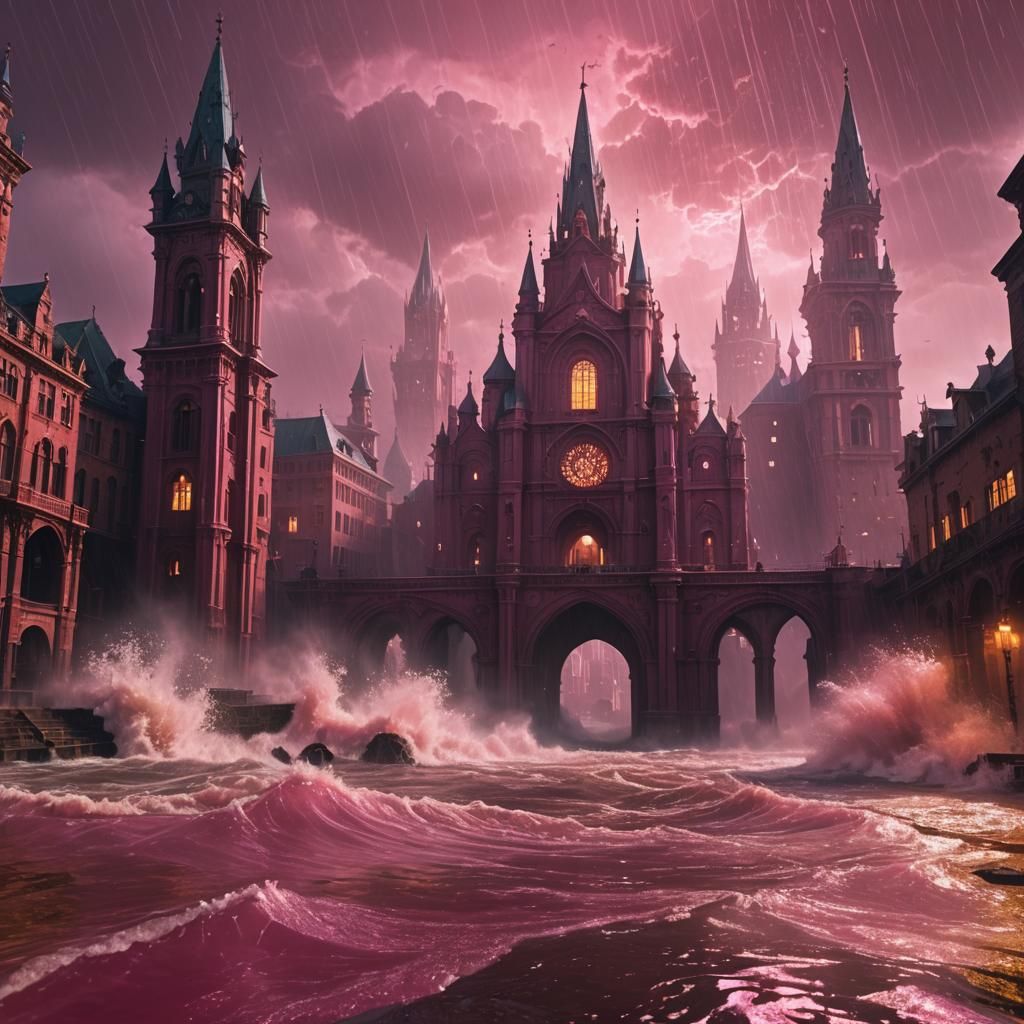 Pink Cityscape Amidst Rain and Waves