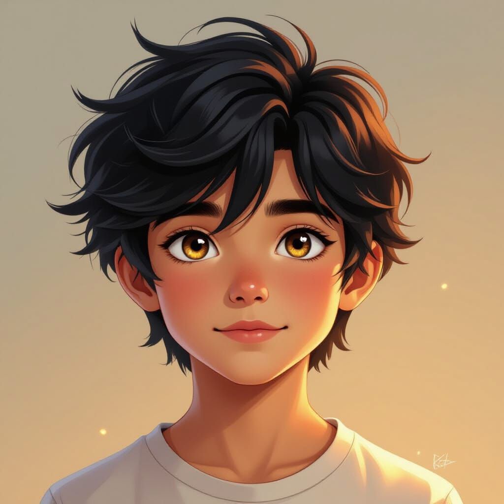 Handsome Teen Boy with Black Hair and Honey Eyes
