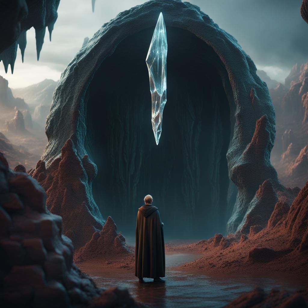 Cloaked Figure Contemplates a Crystal in Fantasy Art