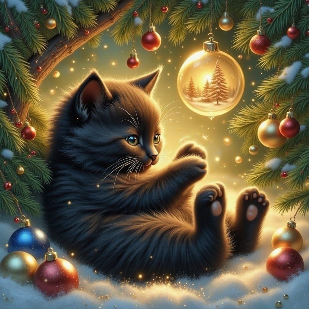 Cute Christmas Kitten with Glass Ornament
