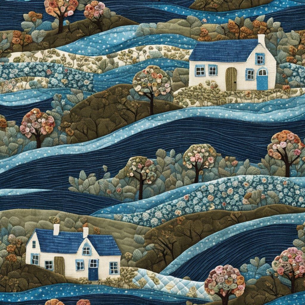 Whimsical Patchwork Landscape in Mixed Media Collage Style