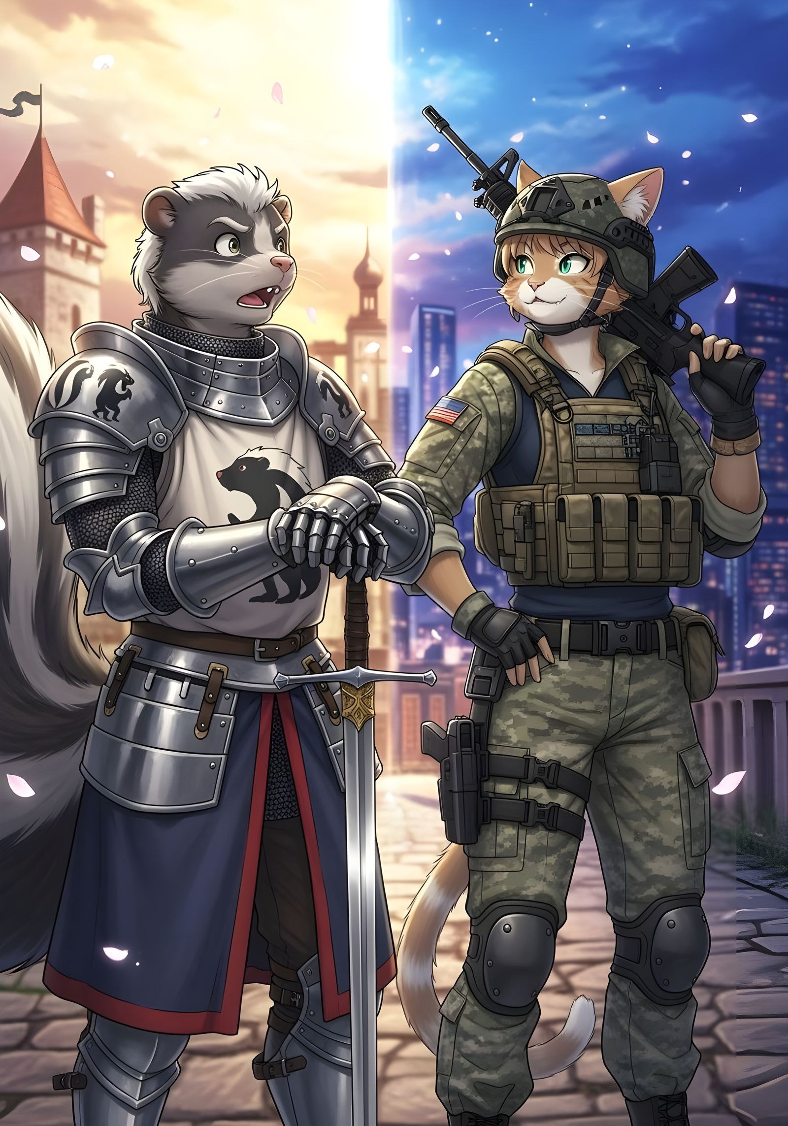 Medieval Skunk Knight Meets Modern Cat Soldier in Anime Styl...