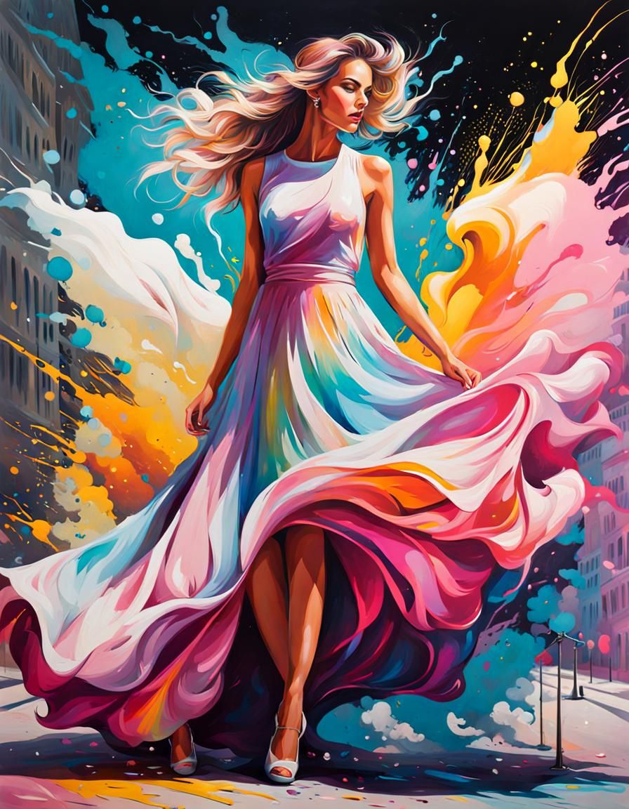 Woman in Pastel Dress, Graffiti Art Style
