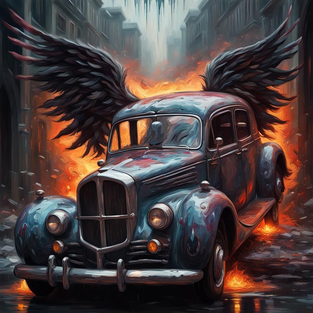 Grotesque Gothic Car with Wings as Impasto Painting