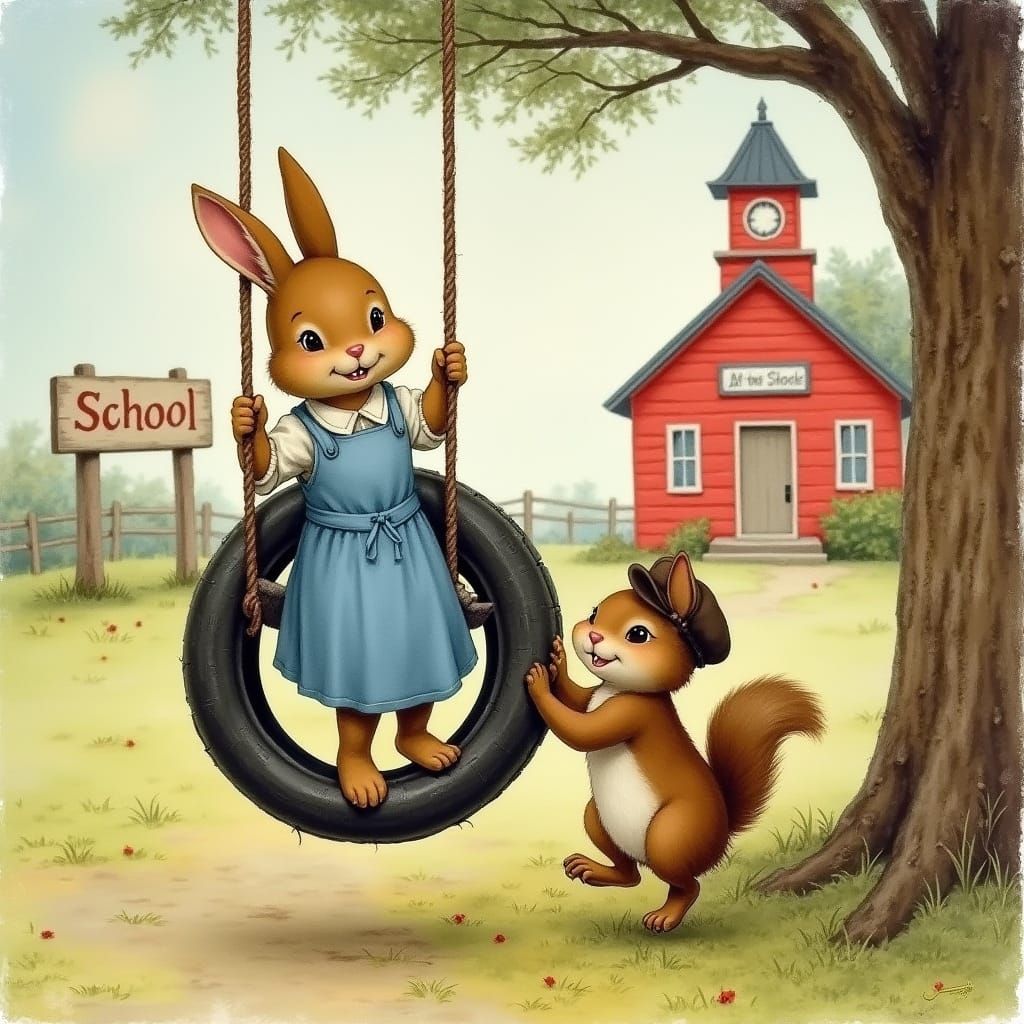Bunny and Squirrels on a Tire Swing