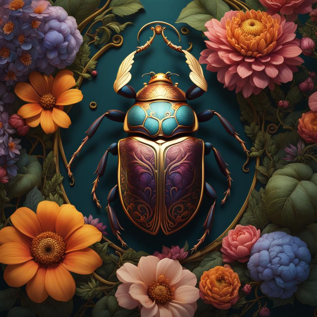 Hidden Scarab Beetle Among Flowers, Detailed Matte Painting