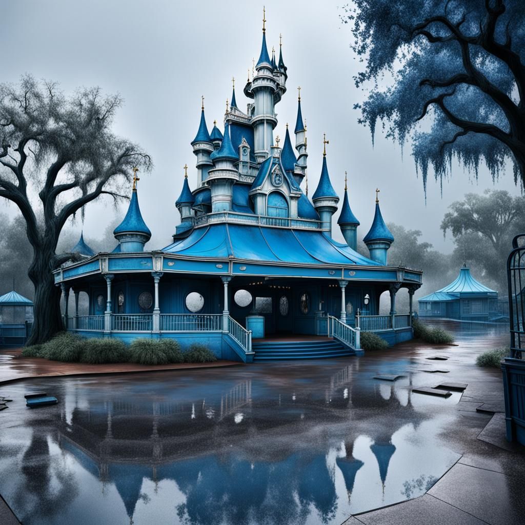 Abandoned Rainy Disney Park in Blue Tones