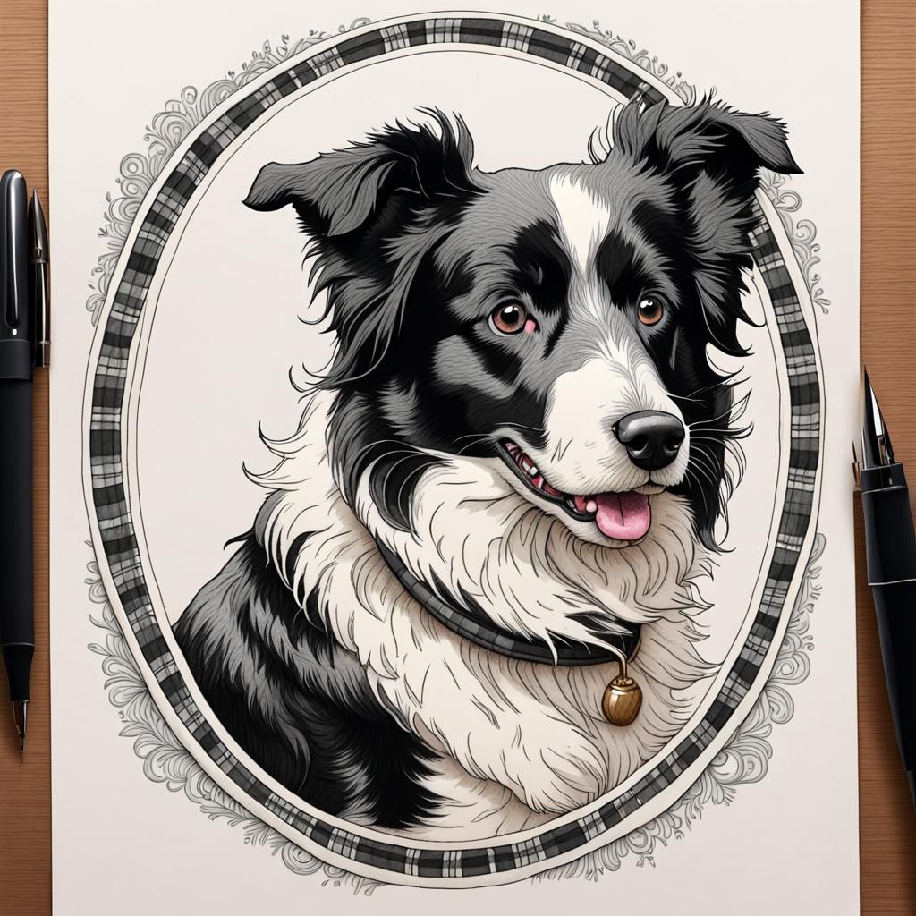 Humorous Tartan-Framed Border Collie Pen and Ink Sketch