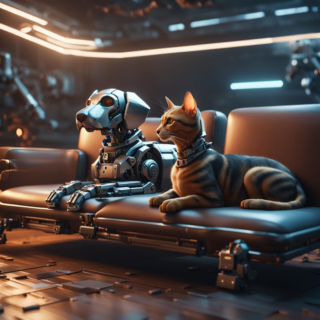 Dachshund and Tabby Cat on Cyborg Sofa