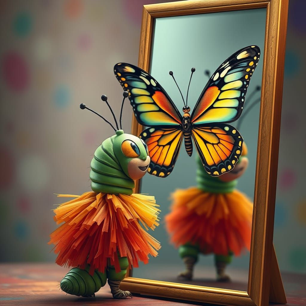 Caterpillar's Joyful Reflection: Butterfly Revelation