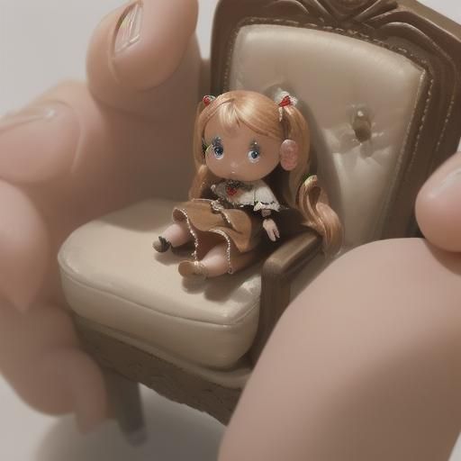 A tiny doll's chair on a single human finger, close-up, hype...