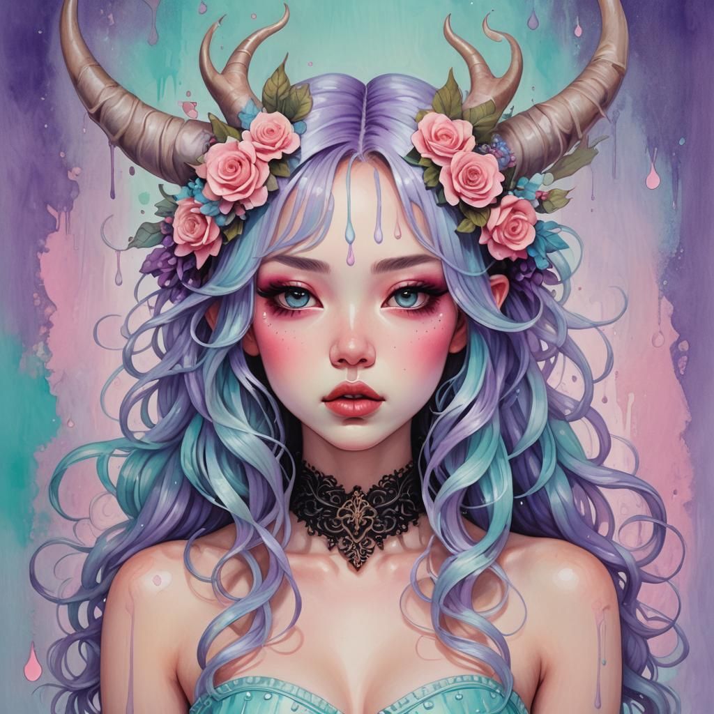 Girl with Horns in Gouache and Watercolor Style