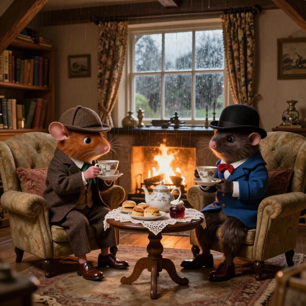 Cozy English Cottage Afternoon Tea with Anthropomorphic Frie...