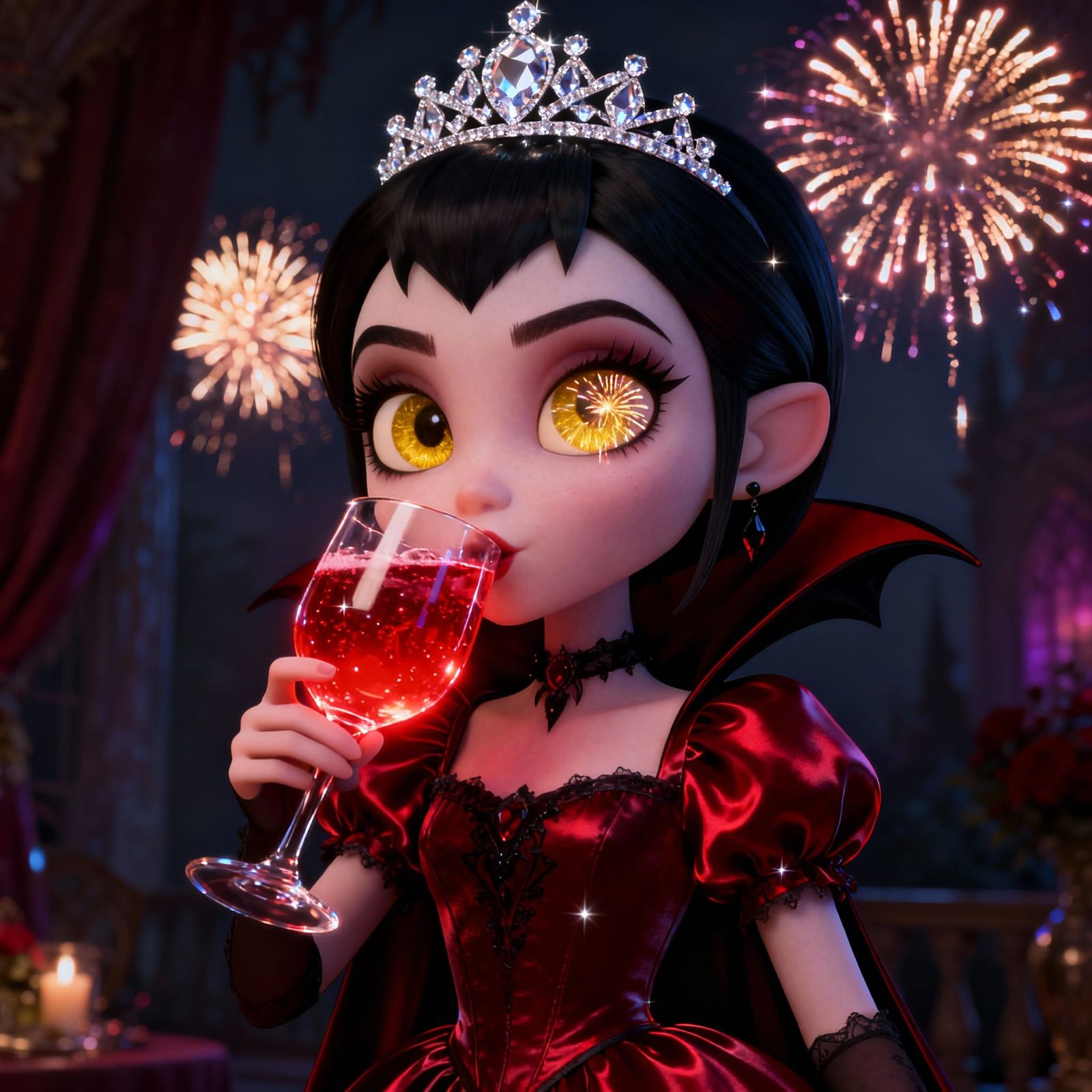 Elegant Vampire Girl in Crimson Dress, Disney Fairytale Styl...