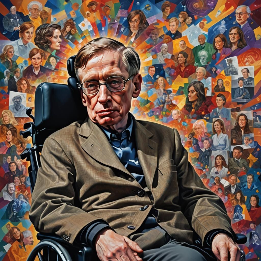 Stephen Hawking Surrounded by Thoughts, Hyperrealistic Art